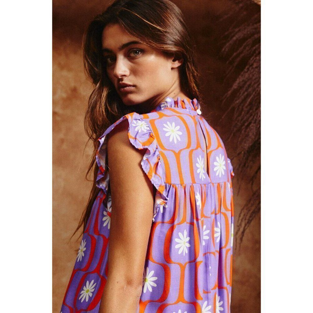 SALE! Bucketlist Retro Floral Geometric Print Top Smocked Detail S-L New T1421-1 - Picture 3 of 12